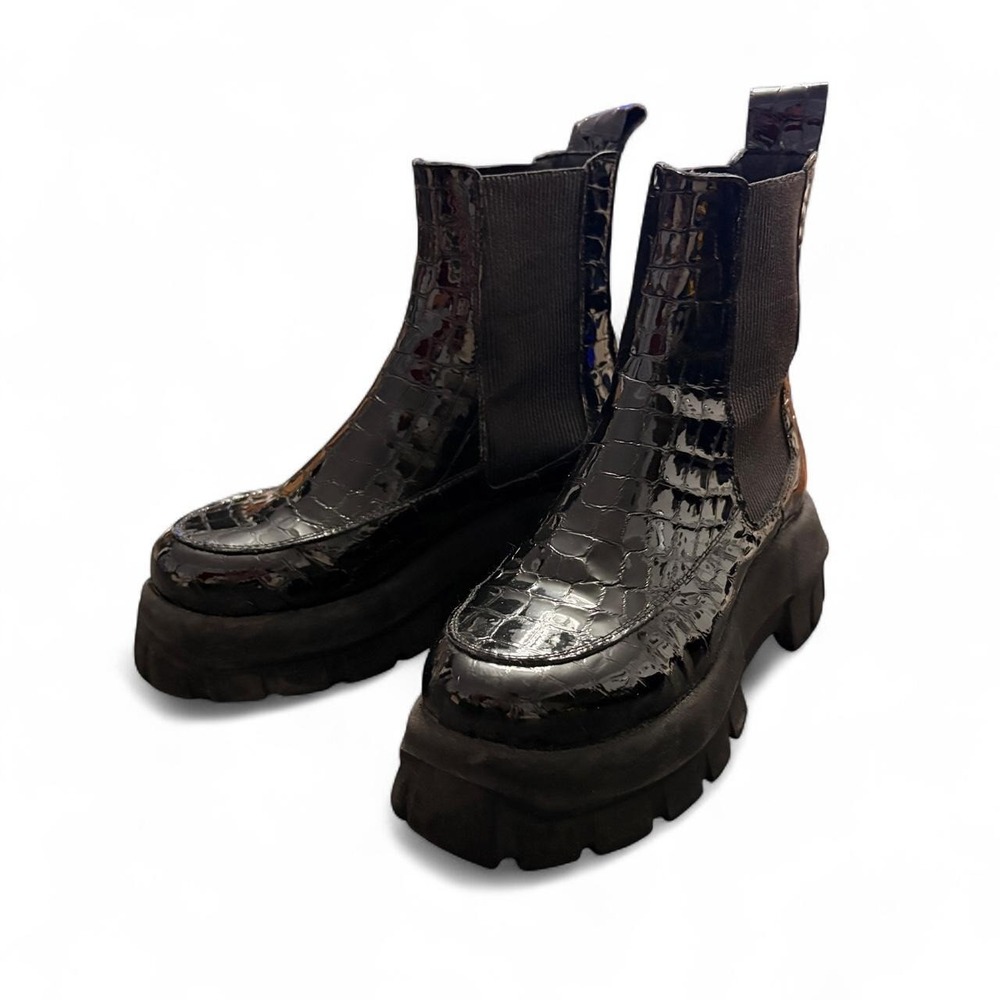 Topshop Womens 6 leather platform boots Winnie Black Croc Leather Chunky Grunge